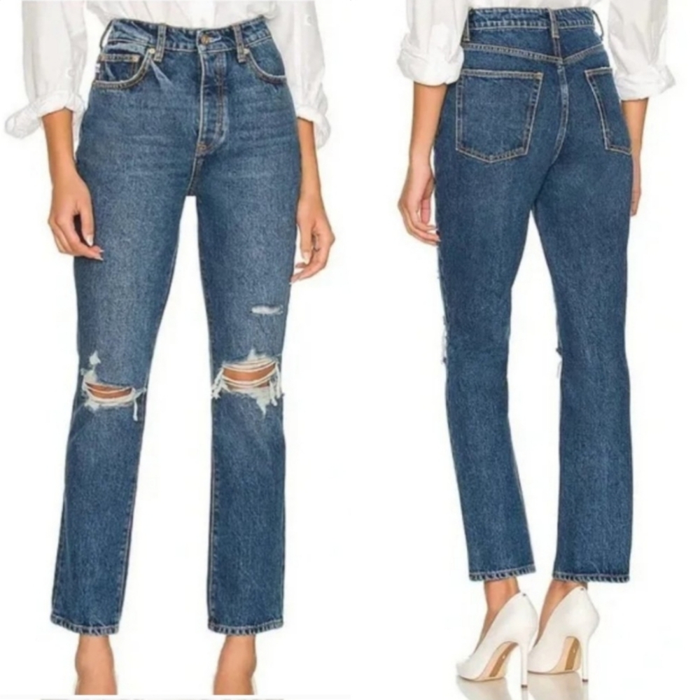 Lovers + Friends Reece Vera Cruz Distressed Button Fly Slim Straight Ankle Jeans